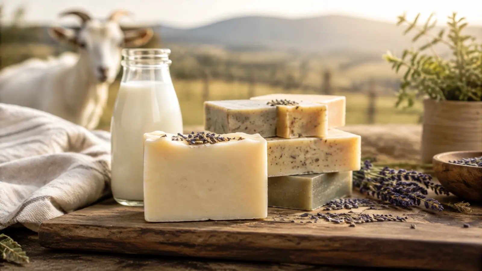 Handcrafted goat milk soap bars beside a bottle of goat milk and lavender